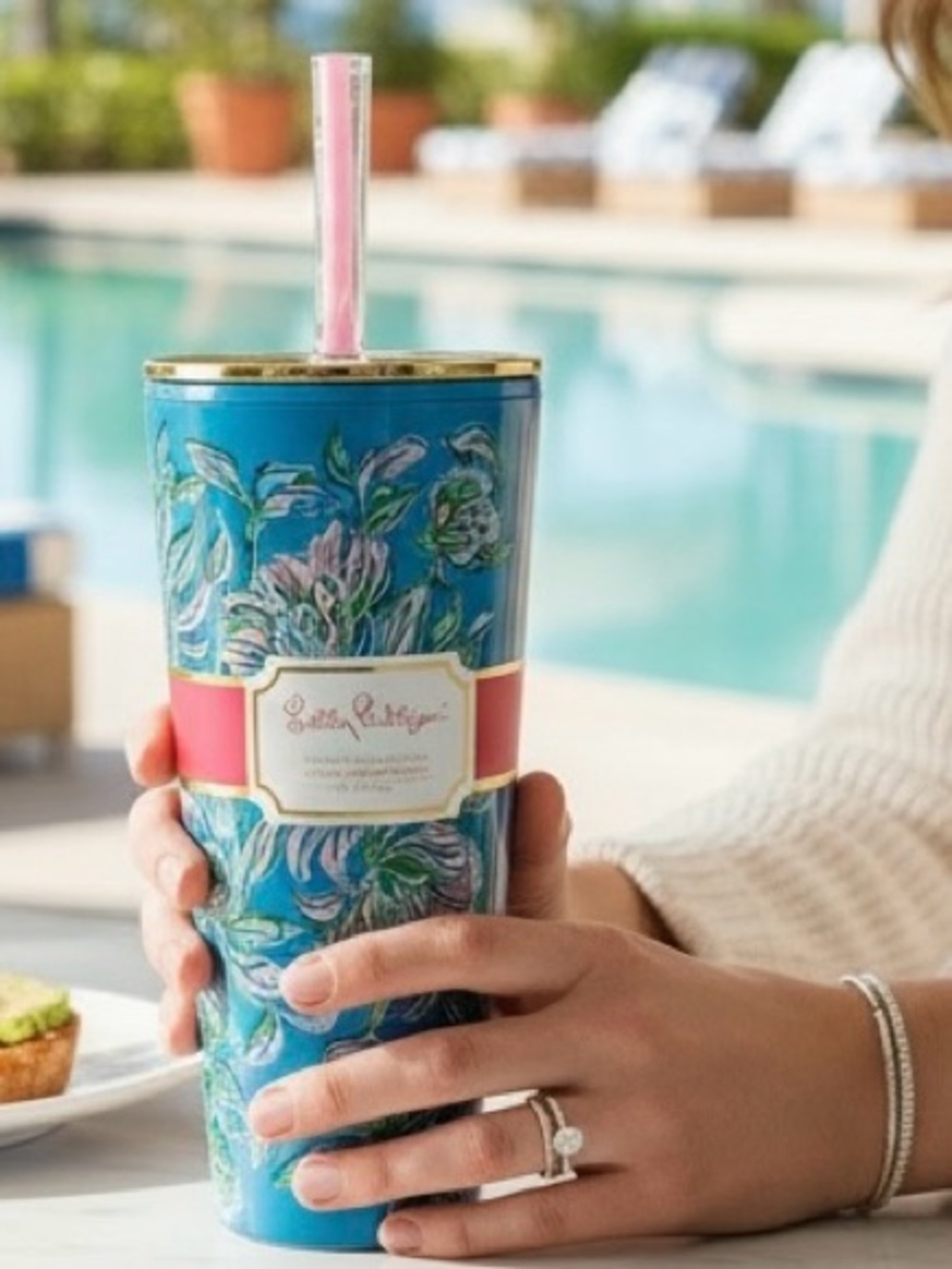 Lilly Pulitzer 24oz Tumbler Blue Pink Floral Straw Cup New